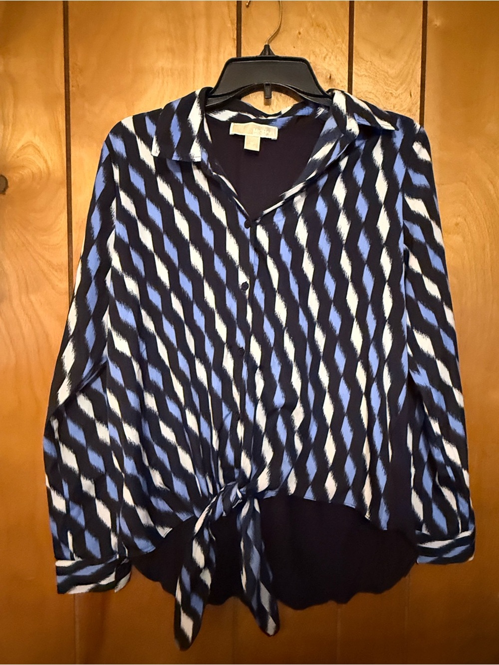 Michael Kors Blue, White and Black Tie-Front Button-Down Shirt